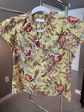 Ulla Johnson Yellow Floral Short-Sleeve Blouse with Multicolor Botanical Print